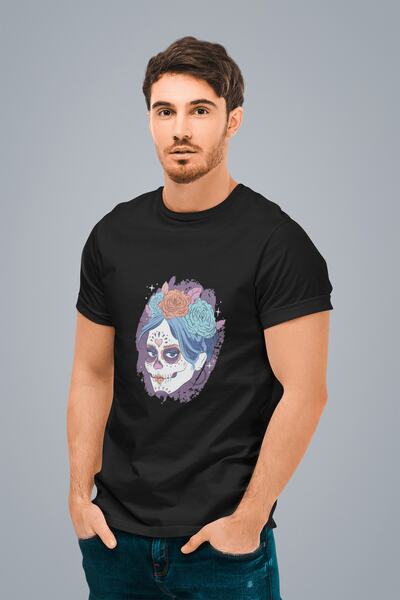 ErTaPassage Muška crna majica Dia De Los Skull Štampano Standard T-shirt T271...
