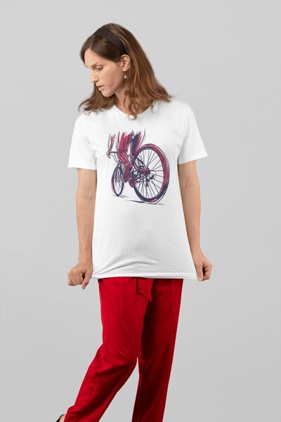 ErTaPassage Бяла дамска тениска с принт на мускулест велосипедист - T1391591