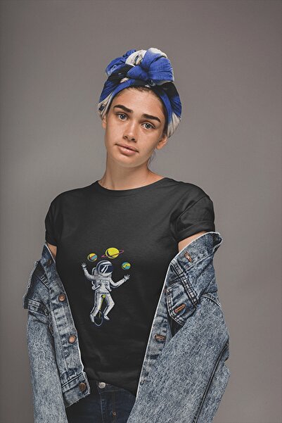 ErTaPassage Astronaut negru cu imprimeu femei tricou - Hokkabaz T8626341