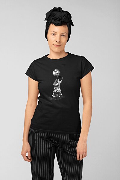 ErTaPassage Astronaut negru și Lună cu imprimeu supradimensionat Femeie trico...