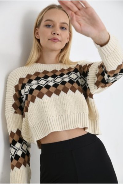 YILMAZBARMAZ Pulover crop de tricotaj cu model în față pentru femei
