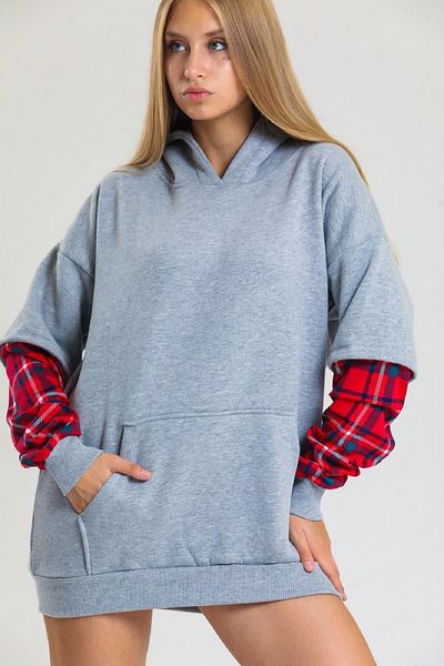 lovebox Three Thread Raised Cotton Fabric Kangaroo Pocket Hooded Sleeves Patterned Gray Sweatshirt 402