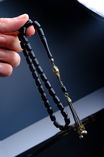 TESBİHEFENDİ Gümüş Kazaz Siyah Kapsül Ateş Kehribar Tesbih + Hediye Deri Kutu,