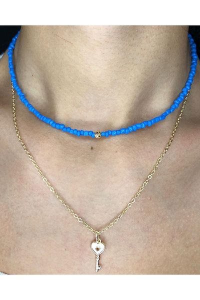 Stoneday Blue Sand Beaded Anti-Tarnish Chain Lock Triple Double Set Combination Necklace
