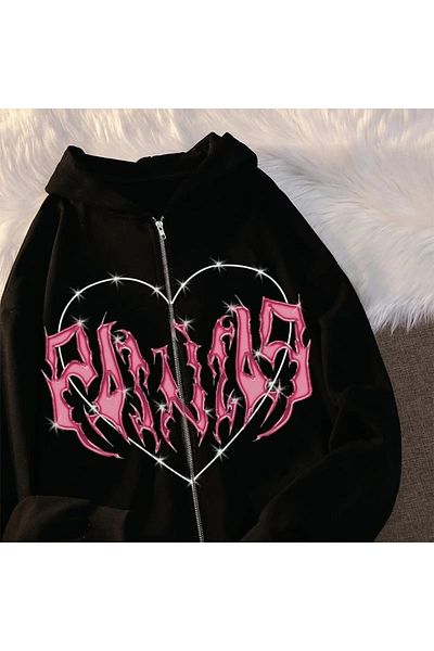 Gofeel Harajuku Pink Heart With Black Spikes Unisex Oversize Zippered Cardigan