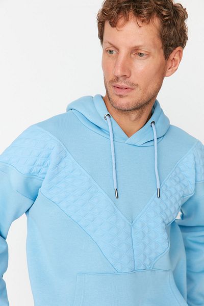 Trendyol Collection Blue Men's Oversize Fit Long Sleeve Hooded Panel Detailed Sweatshirt