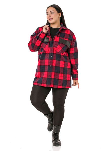 DISENTIS MODEST Large Size Plaid Red Jacket Shirt with Pocket Covers and Leather Garnish on the Back