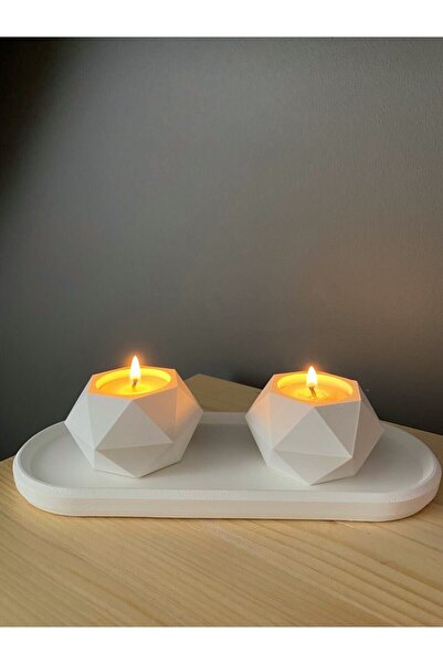 Havalı Tasarım Concrete Candle Holder Set with Tray - Cube Design
