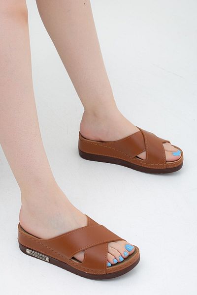 Rona Gifts Γυναικεία Tan Faux Leather Comfort Ανατομική Ορθοπεδική Άνετη Σόλα Καθημερινές Παντόφλες με Χοντρό Τακούνι
