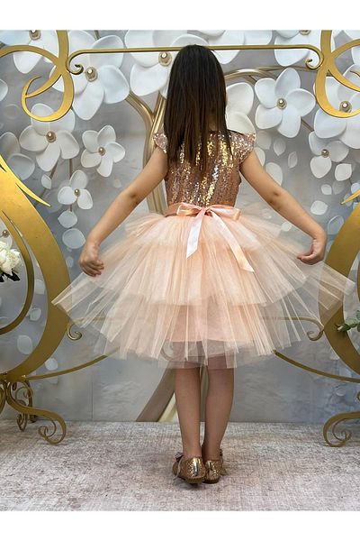 Pumpido Girl's Salmon Sequined Tutu Evening Dress Birthday Dress