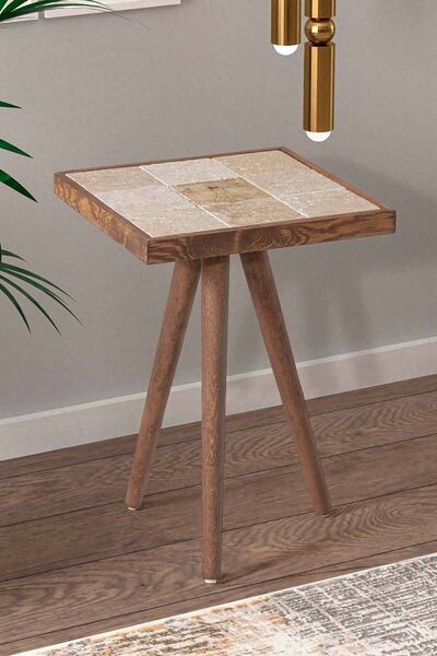 bluecape Traverten Taş Anatomi Baskılı 32x32cm Ceviz Dekoratif Sehpa