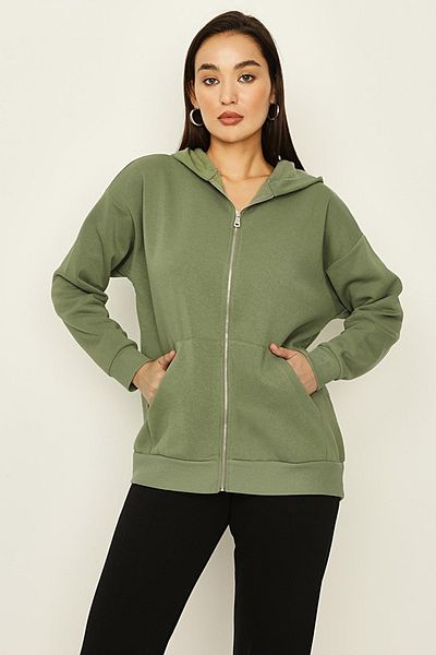 Select Moda Women's Khaki Hooded Zipper Closure Knitted Sweatshirt