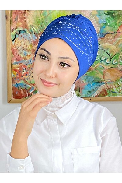 BUTİKAMBAR Firuze Model Taşlı Saks Mavisi Bone