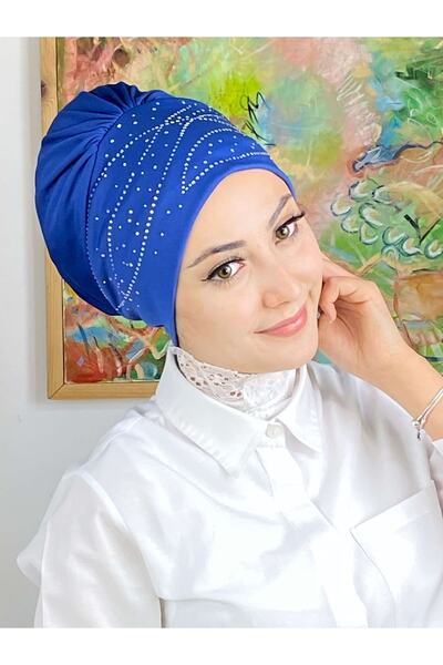 BUTİKAMBAR Firuze Model Taşlı Saks Mavisi Bone