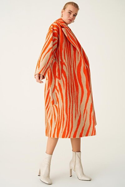Perspective Jhaross Comfortable Fit Men's Collar Midi Size Zebra Patterned Orange Beige Color Women's Coat