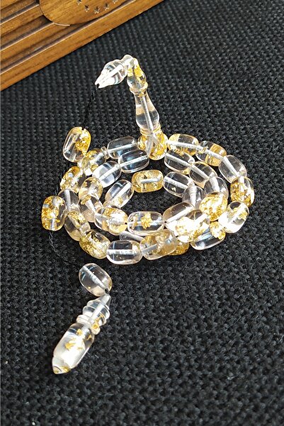 Vip Kehribar 24k Yenilebilir Altın Parçacıklı Tesbih Altın Varaklı Plexiglass Uçak Camı Tesbih Ahşap Kutulu