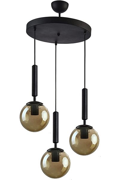 Fer Avize Carla Black Color Body Smoked Glass Pendant Lamp Living Room - Kitchen - Bedroom 3-Piece Chandelier