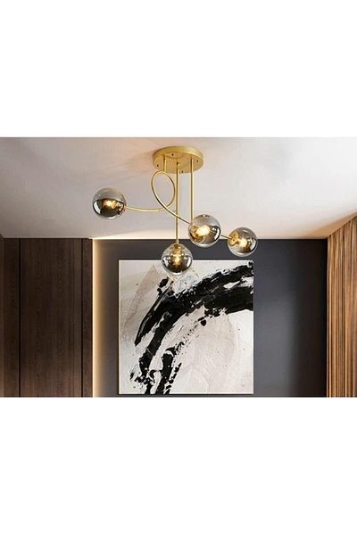 Fer Avize Jade Color 4-Piece Chandelier - Antique Design, Smoked Glass, for Living Room and Kitchen