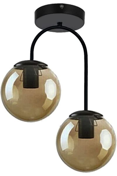 Fer Avize Janin Modern Plafonier Black Color Body Smoke Glass Living Room - Kitchen - Bedroom 2-Piece Chandelier