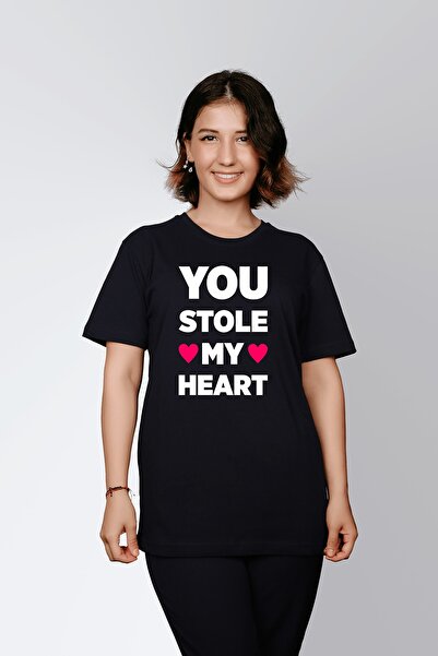 ErTaPassage Negru cu imprimeu Femeie tricou - Te-am furat inima scrisă, T5800373