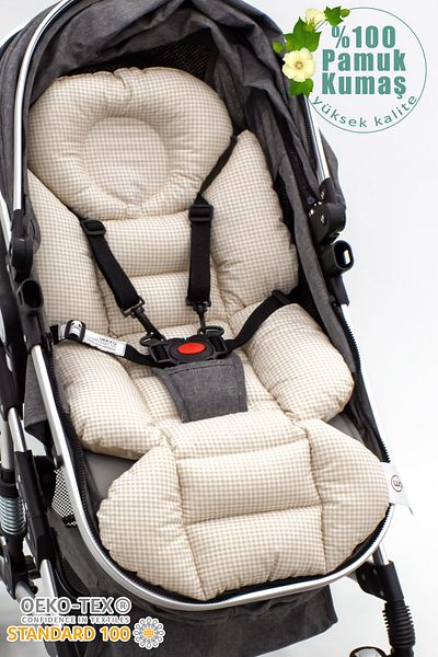 mordesign Baby Stroller Cushion, Waist Support, Plaid Pattern, Double Sided, Brown
