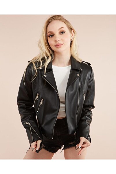 GÜLSEÇSTORE سترة نسائية من الجلد الصناعي بحزام أسود