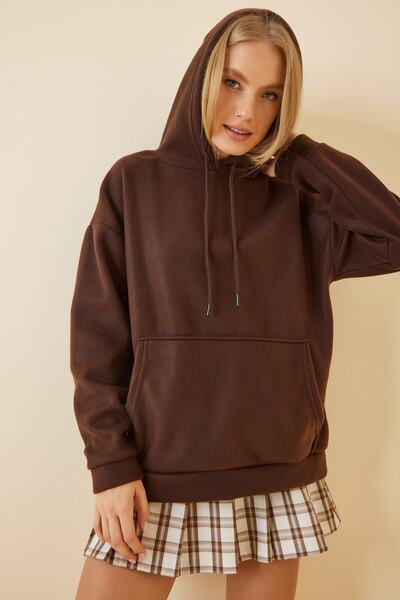 Happiness İstanbul Dámská hnědá zimní fleecová mikina s kapucí ZV00047