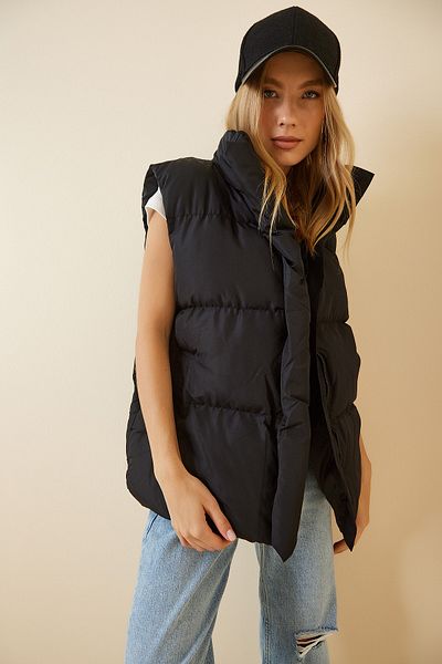 Happiness İstanbul Women's Black Oversize Puffer Vest with Pockets RV00010