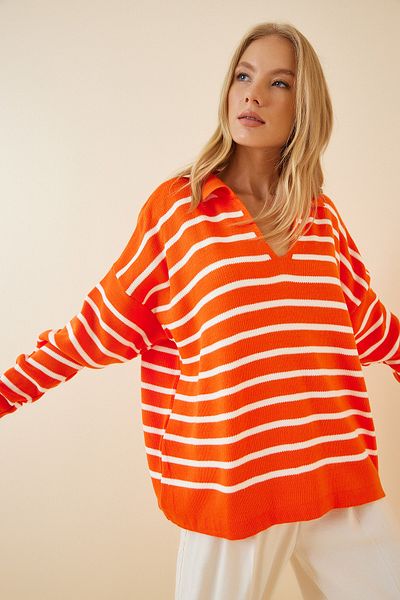 Happiness İstanbul Pulover de damă, portocaliu, alb, cu guler polo, tricotat, US00293