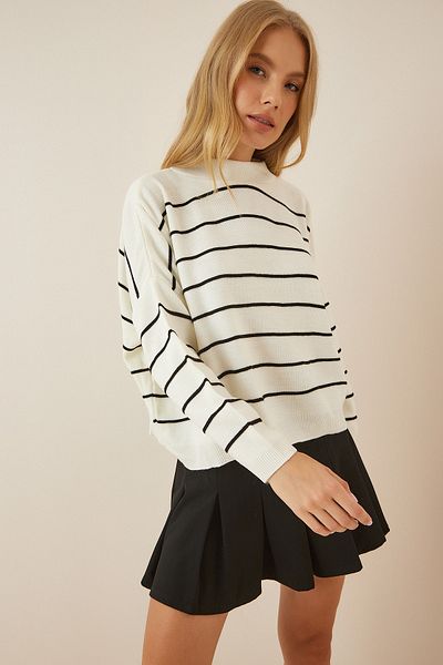 Happiness İstanbul Schwarzes Oversize-Sweatshirt aus Strick mit Knochenstreifen für Damen DM00098