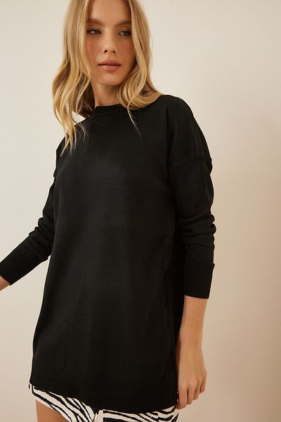 Happiness İstanbul Schwarzer Oversize-Strickpullover der Saison für Damen PN00053