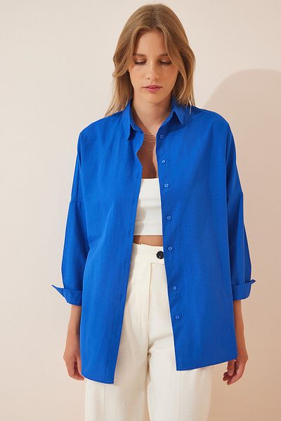 Happiness İstanbul Cămașă de bază lungă oversize albastru închis pentru femei DD00842