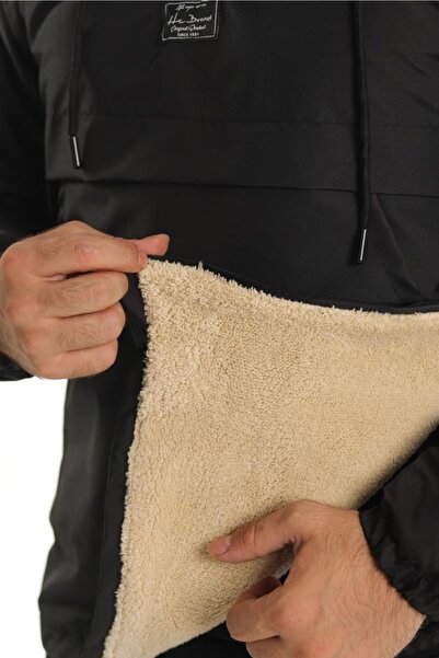GOOD FASHION Dar Kesim Içi Kürklü Kanguru Cep Erkek Yağmurluk Mont Siyah