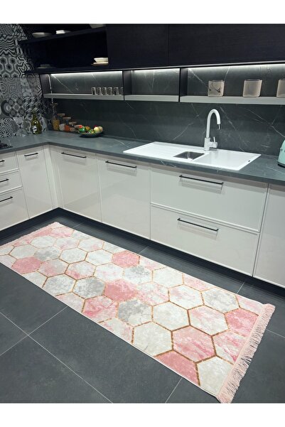 Brillant Pembe Deri Taban Geometrik Desen Saçaklı Halı