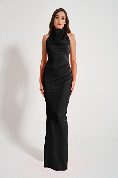 TARA COŞKUNTUNCEL Bianca Siyah Halter Yaka Sırtı Açık Abiye Elbise