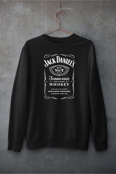 Raf Coll Hanorac negru unisex oversize cu gât crew Jack Daniles, imprimat digital, cu două fire în interior