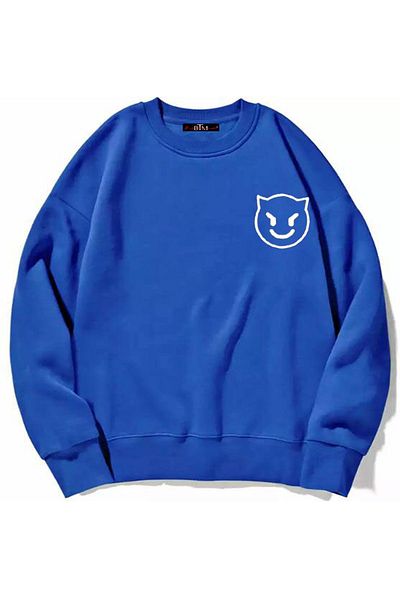 Buğraterzimoda Φούτερ Emoji Crew Neck Saks Blue Oversize