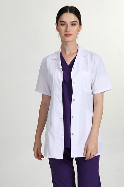 BAŞAK Λευκό κοντομάνικο μπουφάν - πουκάμισο γιακά, γιατρός, νοσοκόμα, ποδιά δασκάλου