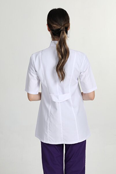 BAŞAK Women's White Short Sleeve Jacket Oversize Judge Collar Shirt