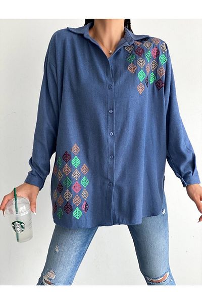 FancyWorld Cămașă albastră cu model de frunze colorate brodate cu paiete din țesătură tricotată