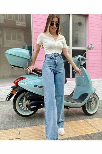 Trn JNS Tess Indigo Medium Snow Pantaloni largi din denim Palazzo anilor 90 cu talie super înaltă pentru femei
