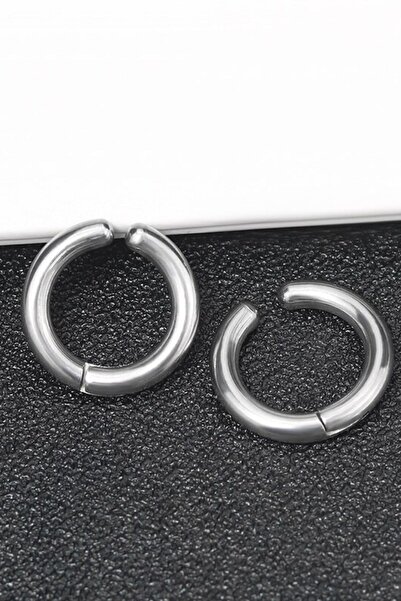 MedBlack Jewelry Unisex Gri Kalın Sıkıştırmalı Fake Çelik Halka Küpe 10mm