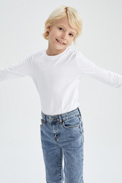 DeFacto Boy's White Crew Neck Long Sleeve School T-Shirt