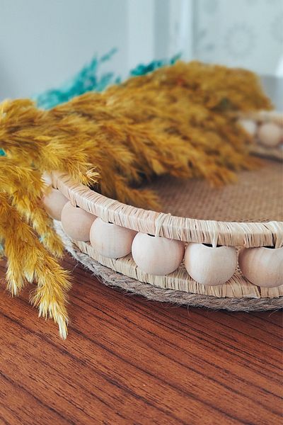 DEKOLOBİ Wicker Handmade Wooden Decorative Tray 20 cm