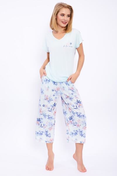 Arnetta Set Capri pentru damă, albastru Nil, cu modele florale