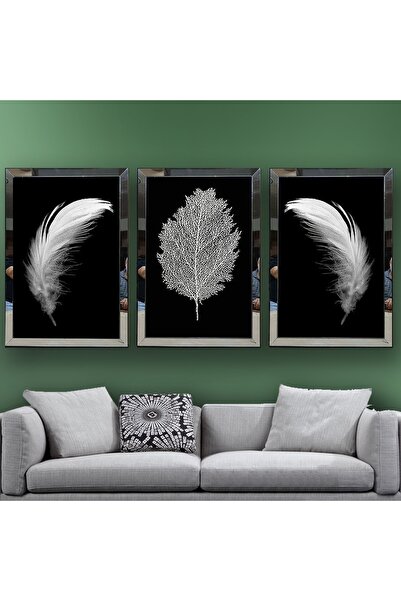dbsanat Beyaz Kuş Tüyü Temalı Aynalı Çerçeveli 3 Lü Kanvas Tablo Seti 150x70 Cm
