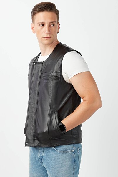 Deriza Γνήσιο δερμάτινο μαύρο δερμάτινο γιλέκο με γούνα εσωτερικά