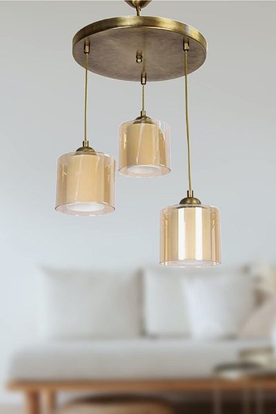 Fer Avize Esila Retro 3-Piece Chandelier Set - Tumbled Color, Double Honey Glass, for Living Room and Bedroom