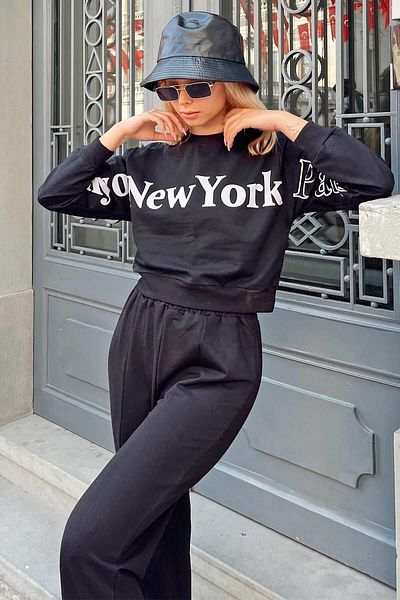 Swist Schwarzes Damen-Crop-Sweatshirt mit bedruckter Vorderseite und Ärmeln