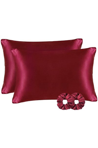 Deko Dekor 100% Satin 50x70 Cm 2 Pieces Satin Pillow Case & 2 Pieces Buckle Burgundy Color